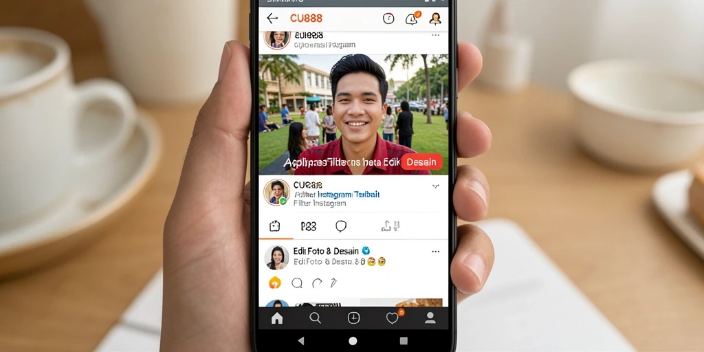 Tampilan antarmuka pengguna CU888 dengan berbagai filter Instagram yang menarik.