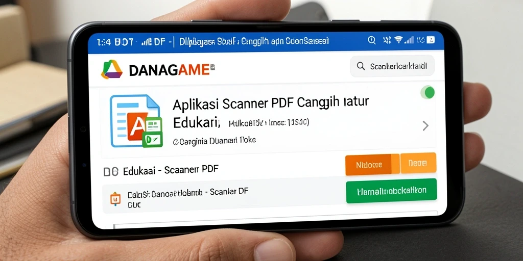 Tampilan antarmuka aplikasi DANAGAME dengan fitur pemindaian PDF.